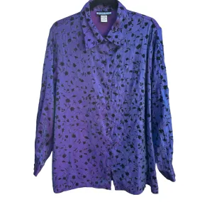 Notations Vintage Womens Irridescent Purple Black Velvet Floral Button-Up Blouse